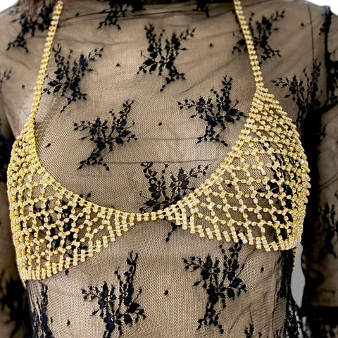 Sparkly Chest Chain Bralette Body Chain in gold – Y2K rave body chain