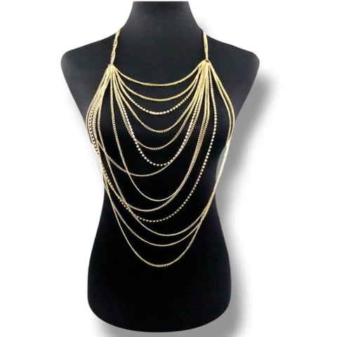 Gold Draped Multi Layer Chest Body Chain with rhinestones and cascading chains