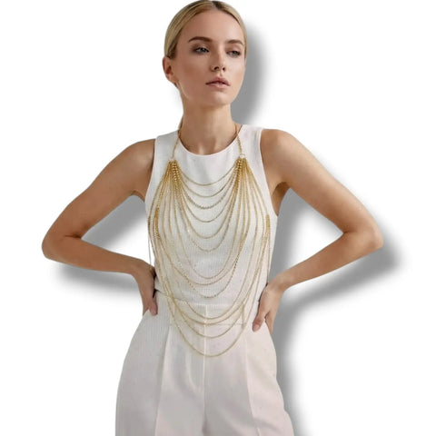 Gold Draped Multi Layer Chest Body Chain with rhinestones and cascading chains