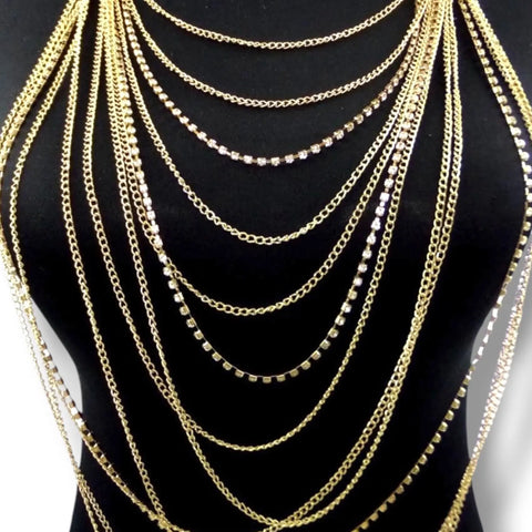 Gold Draped Multi Layer Chest Body Chain with rhinestones and cascading chains
