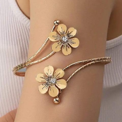 Gold Blooming Open Upper Arm Cuff Bracelet Armlet with Rhinestones Adjustable to fit most all sizes