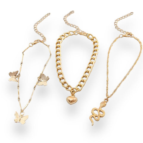 Women's Gold Butterfly Heart The Serpent Triple Anklets Set - One Size Fits Most