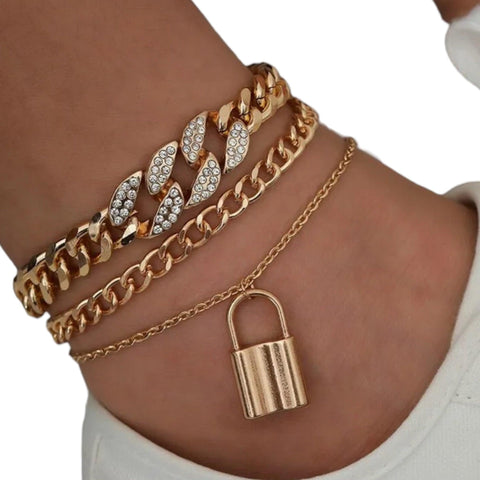 Women's Gold Anklets Set Glam Cuban Chain, Curb, Lock Charm Three Anklets- OSFM- Wild Time Fashion
