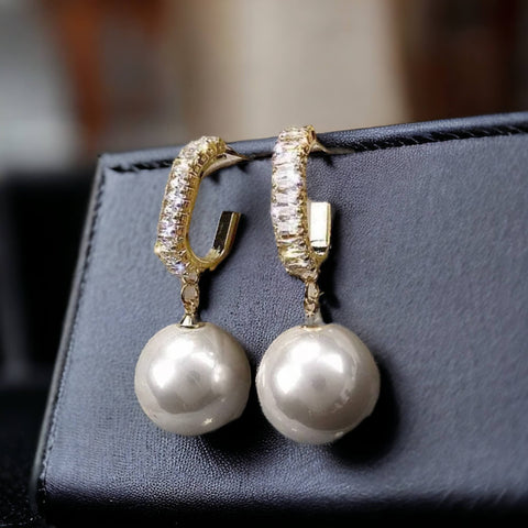 Gold Baguette Dangling Pearl Earrings
