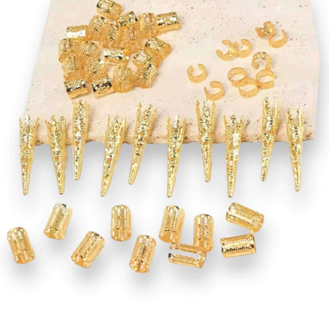 50 Gold Mixed Braids Hair Jewelry Set displayed on braided hair with intricate gold accessories.