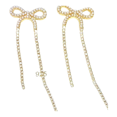 Glamorous Faux Pearl Bow Dangling Earrings- Wild Time Fashion