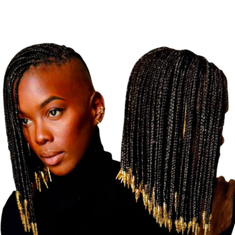 50 Gold Mixed Braids Hair Jewelry Set displayed on braided hair with intricate gold accessories.