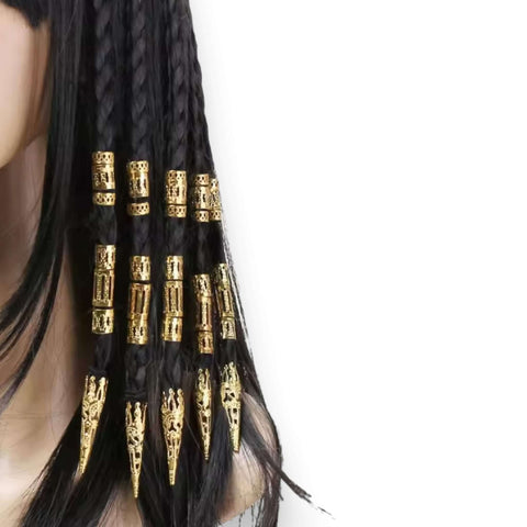 50 Gold Mixed Braids Hair Jewelry Set displayed on braided hair with intricate gold accessories.