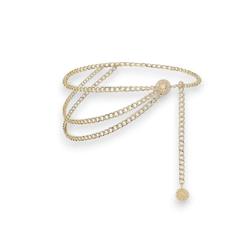 Gold Layer Body Waist Chain Belt with three cascading chains, medallion coin pendant and adjustable waist clasp product only
