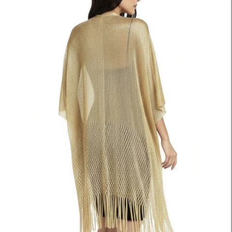 Gold Leopard Kimono Fringe Cover Up gold mid length lightweight open front relaxed fit back view