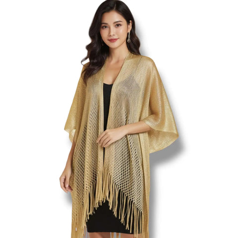 Gold Leopard Kimono Fringe Cover Up gold mid length lightweight open front relaxed fit