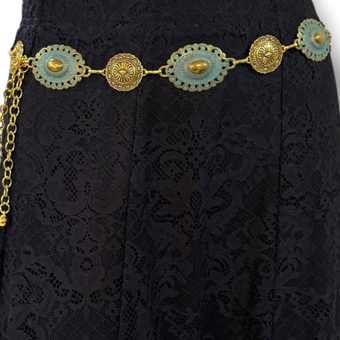 Wild Western Gold Textured Turquoise Belt with floral oval concho links and verdigris patina chain styling