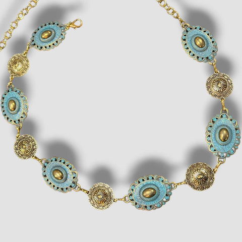 Wild Western Gold Textured Turquoise Belt with floral oval concho links and verdigris patina chain styling