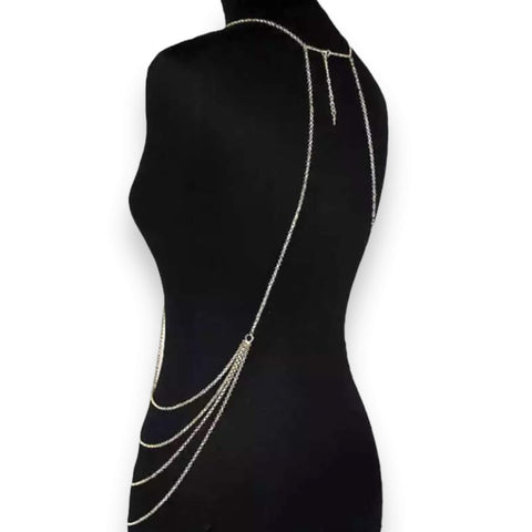 Gold collar pearl body chain with faux pearls and layered chains, mannequin backside design