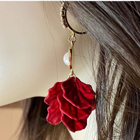 Gold Pearl Hoop Rose Petal Earrings - Wild Time Fashion