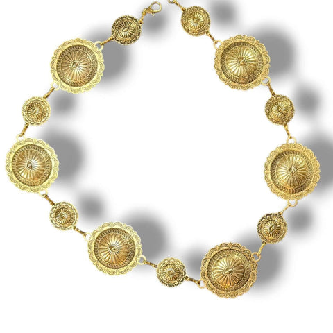 Plus Size Round Floral Concho Chain Belt in antique silver or gold with etched sunburst medallion links
