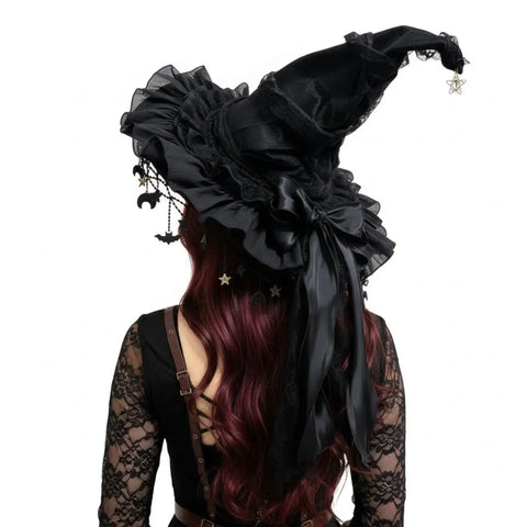 Gothic Black Star Witch Hat with velvet crown, lace ruffles, and celestial charms big black silky bow ribbon