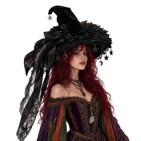 Gothic Black Star Witch Hat with velvet crown, lace ruffles, and celestial charms big black silky bow ribbon