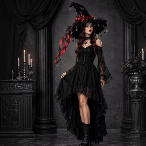 Gothic Black Star Witch Hat with velvet crown, lace ruffles, and celestial charms Dark Red silky bow ribbon