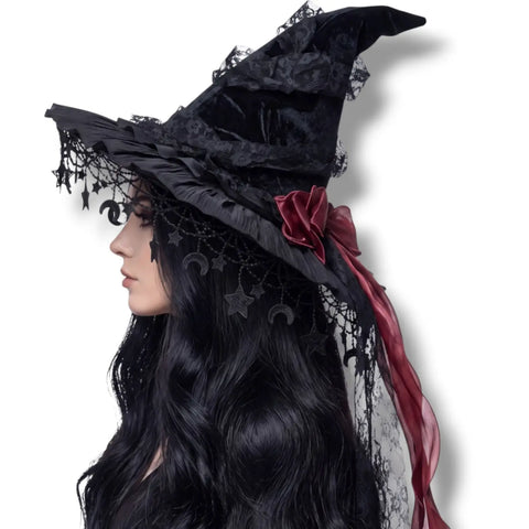 Gothic Black Star Witch Hat with velvet crown, lace ruffles, and celestial charms Dark Red silky bow ribbon
