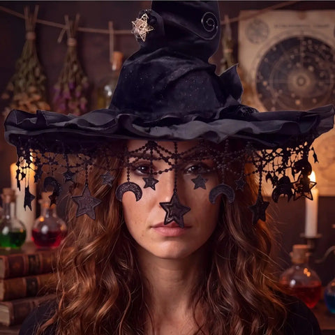 Gothic Black Star Witch Hat with velvet crown, lace ruffles, and celestial charms