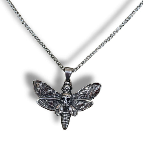 Death Hawk Moth Skull Necklace  in antique silver stainless steel with detailed skull moth pendant on 24 inch wheat chain