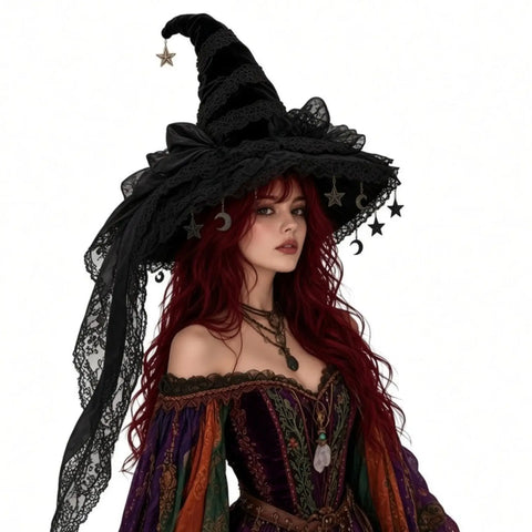 Gothic Black Star Witch Hat with velvet crown, lace ruffles, and celestial charms big black silky bow ribbon