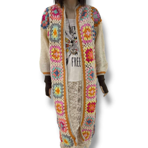 Granny square floral long crochet cardigan multicolor pastel floral pattern with gold trim full length open front long sleeve open stitch knit one size Medium to XL handmade