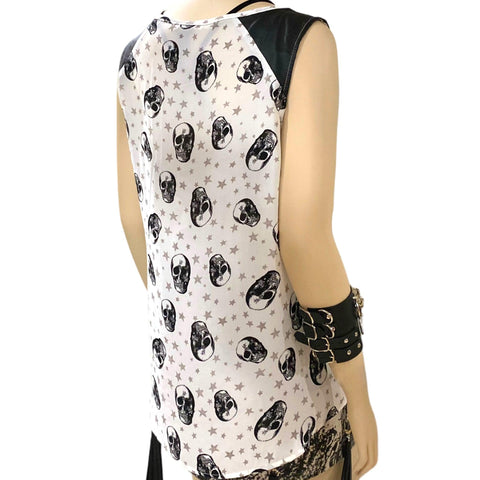 Women's Plus White  Graphic Silver Stars Black Skulls Allover Tank Top Faux Leather Shoulders A line Tank Top, Plus Size 2X- Wild Time Fashion