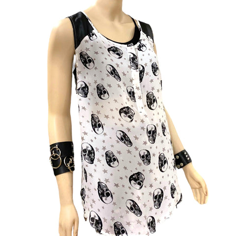 Women's Plus White  Graphic Silver Stars Black Skulls Allover Tank Top Faux Leather Shoulders A line Tank Top, Plus Size 2X- Wild Time Fashion