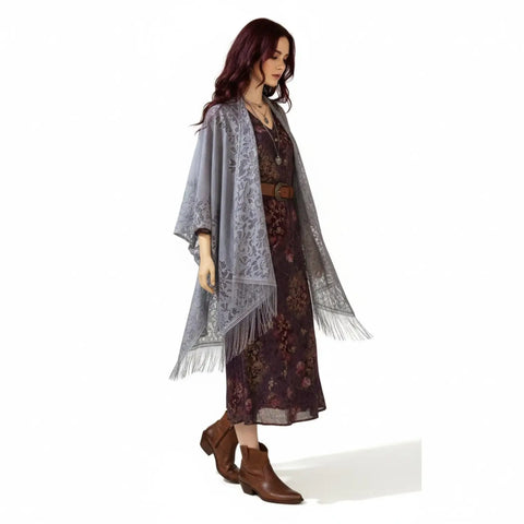 Gray lightweight floral lace cardigan duster with flowing fringe trim and high-low split hem