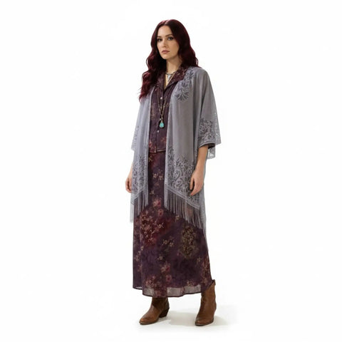 Gray lightweight floral lace cardigan duster with flowing fringe trim and high-low split hem