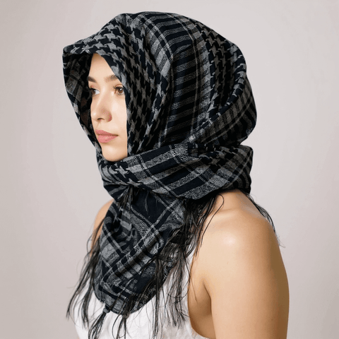 cotton plaid tassel trim scarf wrap 40 inch square breathable lightweight unisex checkered headscarf neck scarf hair scarf in green black, blue black, brown black, white black , gray black 