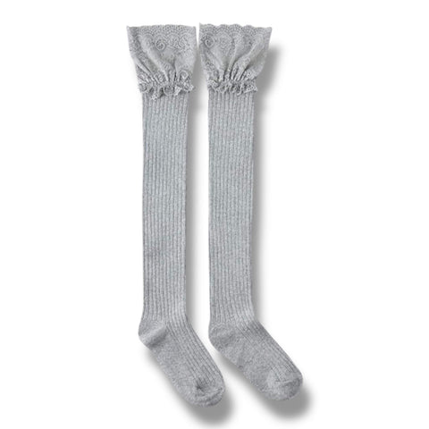 Lace trim knee high cotton boot socks in black or gray with rib knit and floral lace tops – boho, Y2K, and festival style