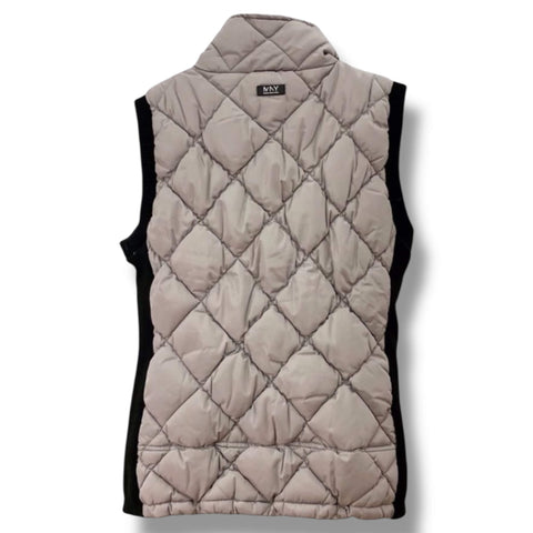 flat lay of grey diamond-quilted puffer vest back view