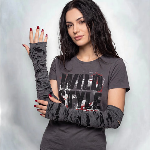 Distressed Ripped Sleeves Gloves with shredded fingerless thumbhole design long gray
