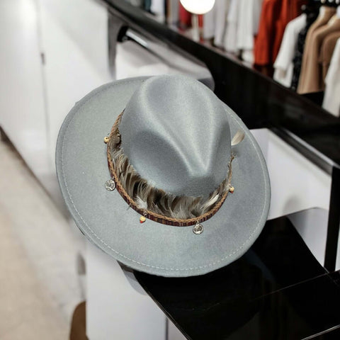 Festival Feather Fedora Hat with Tribal Beaded Band and Feathers in Gray or Navy Blue – Large XL Boho Western Style