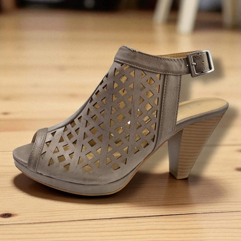 gray laser cut ankle strap peep toe heels side view