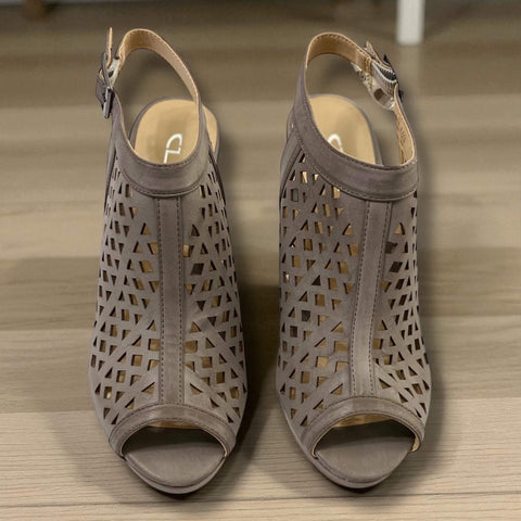 pair top view padded insole gray peep toe heels