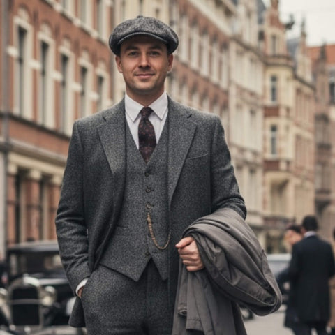 Gray tweed herringbone newsboy cap with short stiff brim and button top, styled as a vintage men’s flat cap.