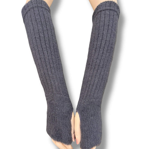 Long fuzzy rib knit arm warmers fingerless gloves with thumb holes in brown or dark gray worn scrunched or elbow length for cozy winter styling