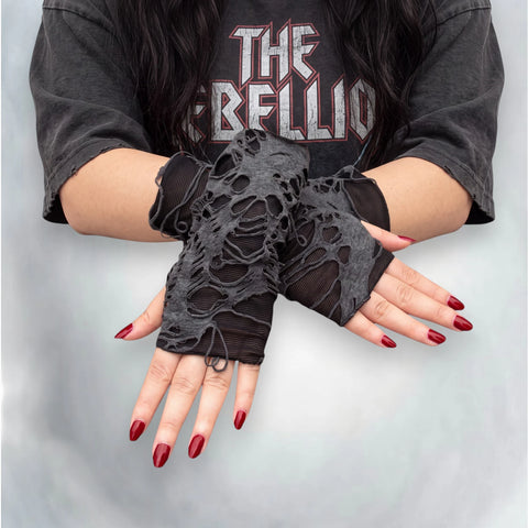 Distressed Ripped Sleeves Gloves with shredded fingerless thumbhole design short gray