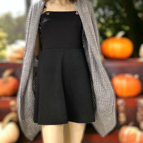 Women's Silver-Gray Short-Sleeved Open Front Pockets Mid Length Sweater Cardigan - Large