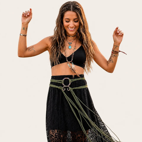 Witches Knotted Waist Wrap Belt triple wrap on model green/copper/os