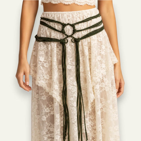 Witches Knotted Waist Wrap Belt triple wrap on model green/gunmetal/os