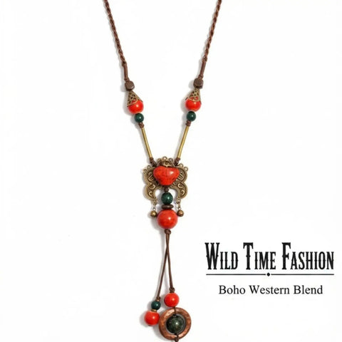 Handcrafted ceramic beaded tassel necklace with wood accents, bronze filigree and adjustable rope cord 34"