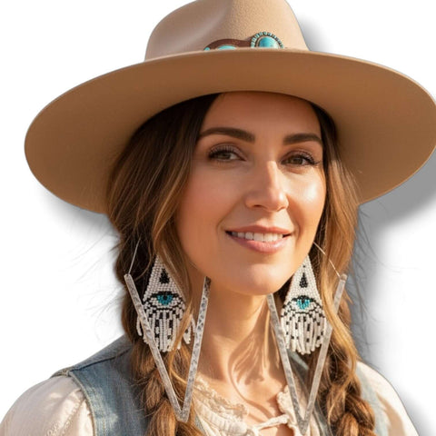 Handmade Evil Eye Beaded Fringe Earrings, white long shoulder duster style with silver hypoallergenic V-wire hooks