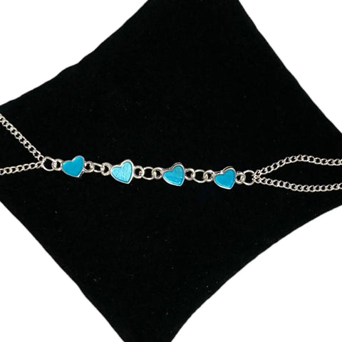 Hearts Charming Glow in the Dark Anklet Bracelet silver dual chain blue hearts flat lay