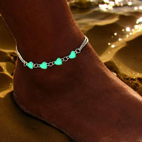 Hearts Charming Glow in the Dark Anklet Bracelet silver dual chain blue hearts beach party