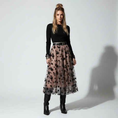 High Waist Floral Mesh Layer Midi Skirt with sheer floral overlay, layered flow and elastic waistband brown 